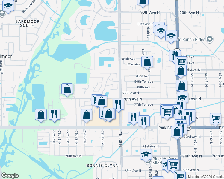 map of restaurants, bars, coffee shops, grocery stores, and more near 7134 79th Terrace North in Pinellas Park