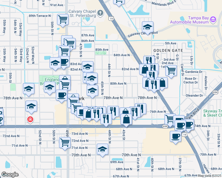 map of restaurants, bars, coffee shops, grocery stores, and more near 4372 80th Avenue North in Pinellas Park