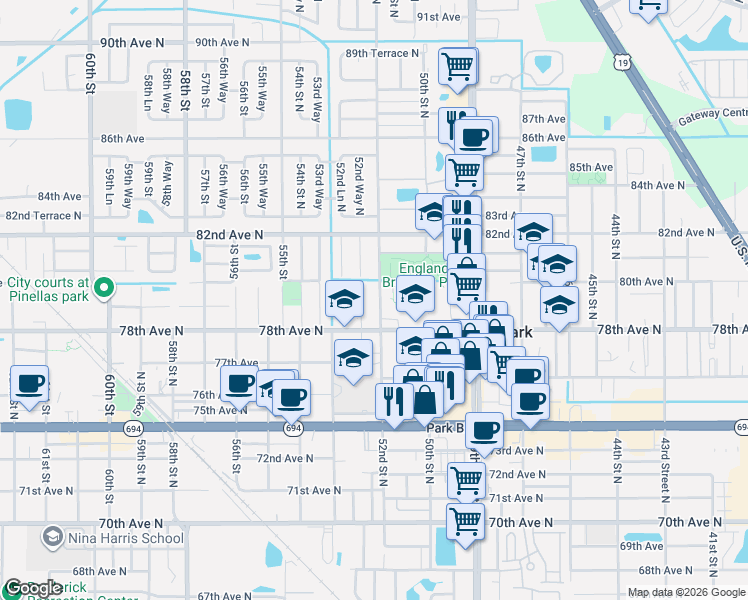map of restaurants, bars, coffee shops, grocery stores, and more near 7990 52nd Street North in Pinellas Park
