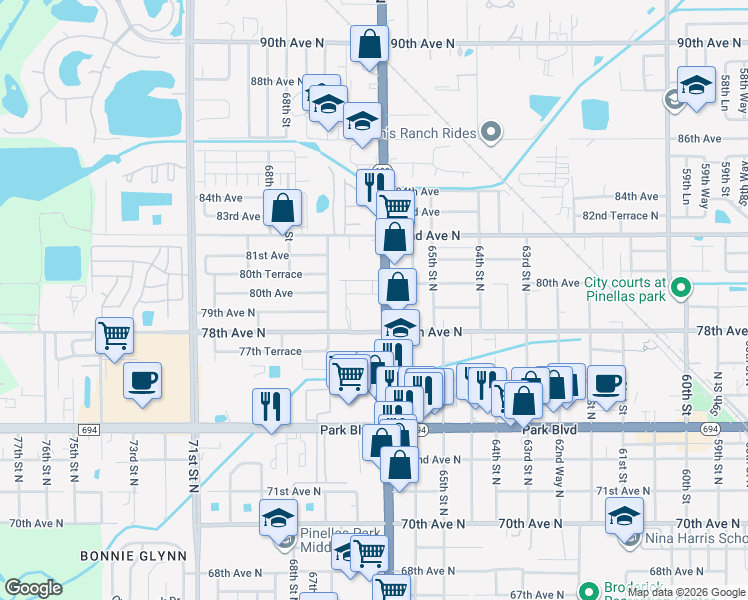 map of restaurants, bars, coffee shops, grocery stores, and more near 7938 66th Lane in Pinellas Park