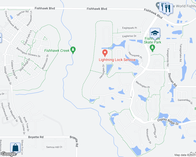 map of restaurants, bars, coffee shops, grocery stores, and more near 14842 Heronglen Drive in Lithia