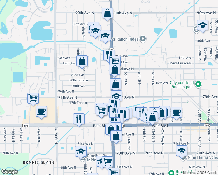 map of restaurants, bars, coffee shops, grocery stores, and more near 7938 66th Lane in Pinellas Park