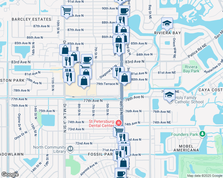 map of restaurants, bars, coffee shops, grocery stores, and more near 420 79th Terrace North in St. Petersburg