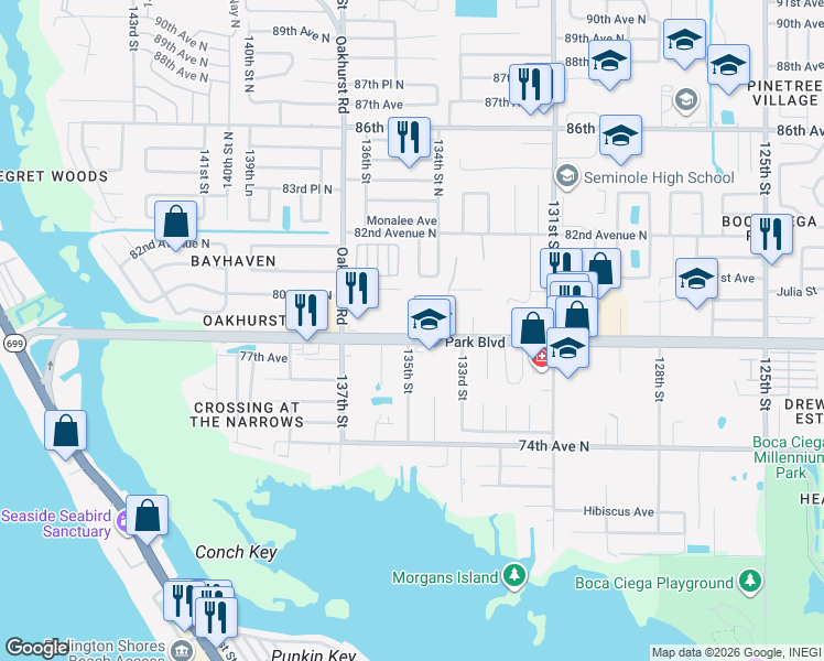 map of restaurants, bars, coffee shops, grocery stores, and more near 13509 Park Boulevard in Seminole