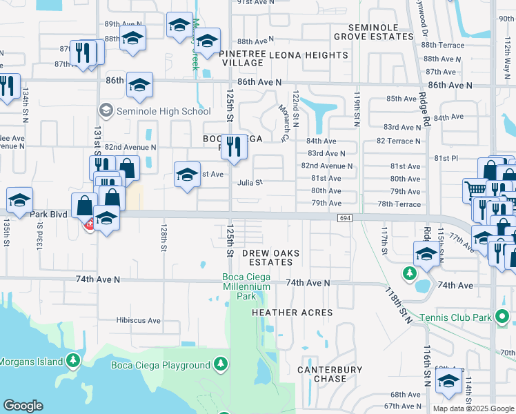 map of restaurants, bars, coffee shops, grocery stores, and more near 12401 Rose Street in Seminole