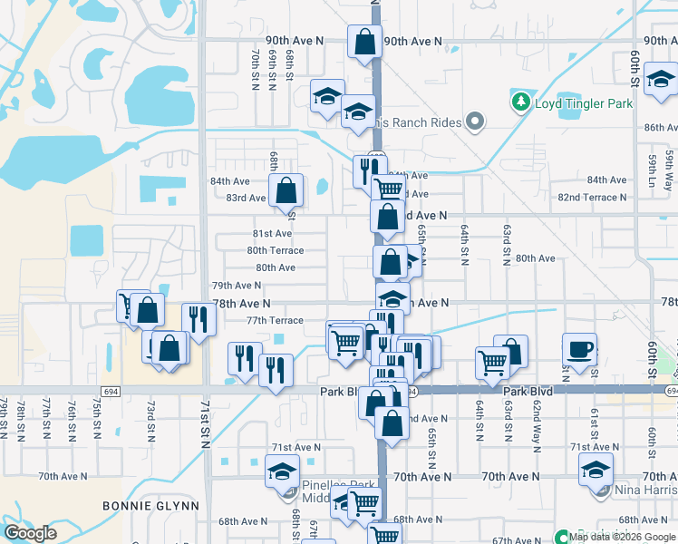 map of restaurants, bars, coffee shops, grocery stores, and more near 8017 67th Street in Pinellas Park