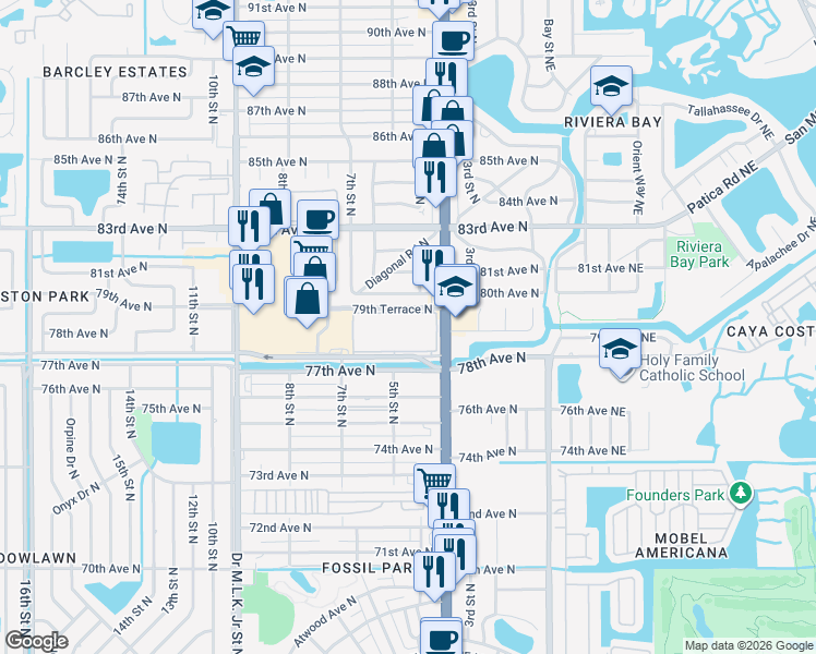 map of restaurants, bars, coffee shops, grocery stores, and more near 420 79th Terrace North in St. Petersburg