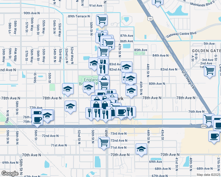 map of restaurants, bars, coffee shops, grocery stores, and more near 7875 County Road 611 in Pinellas Park