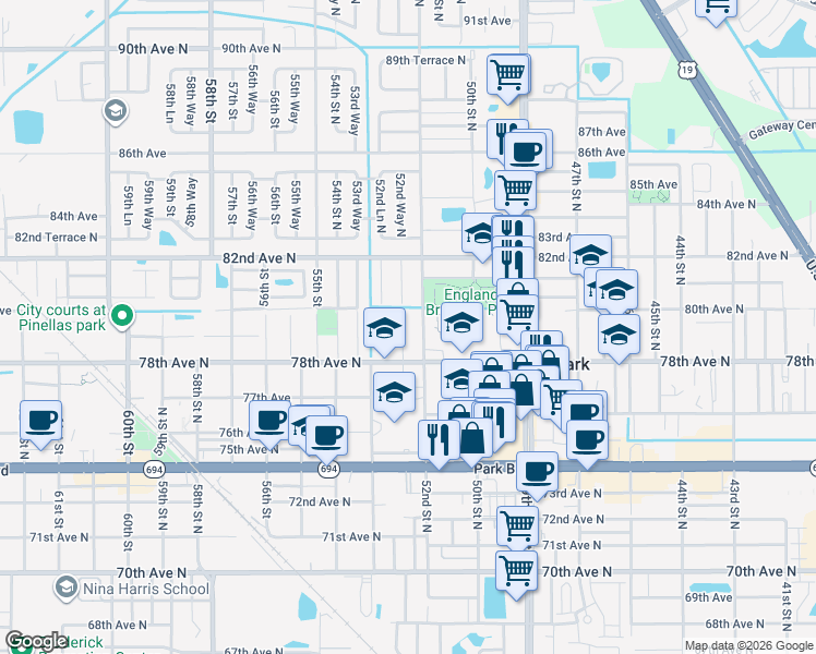 map of restaurants, bars, coffee shops, grocery stores, and more near 7990 52nd Street North in Pinellas Park