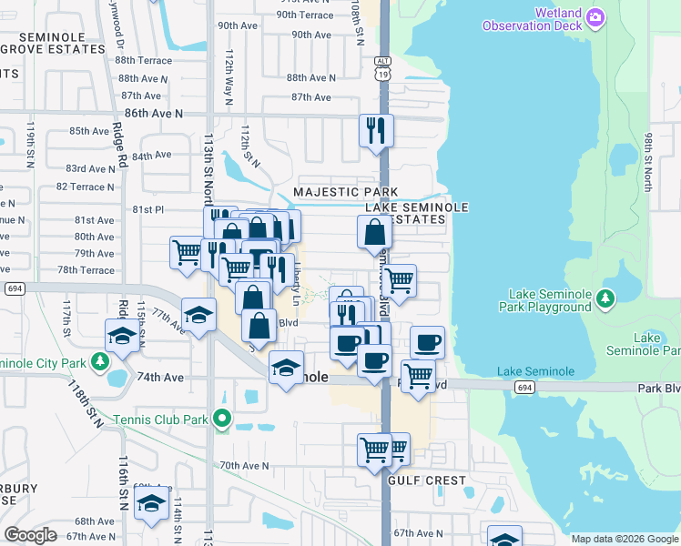 map of restaurants, bars, coffee shops, grocery stores, and more near 10871 Temple Terrace in Seminole