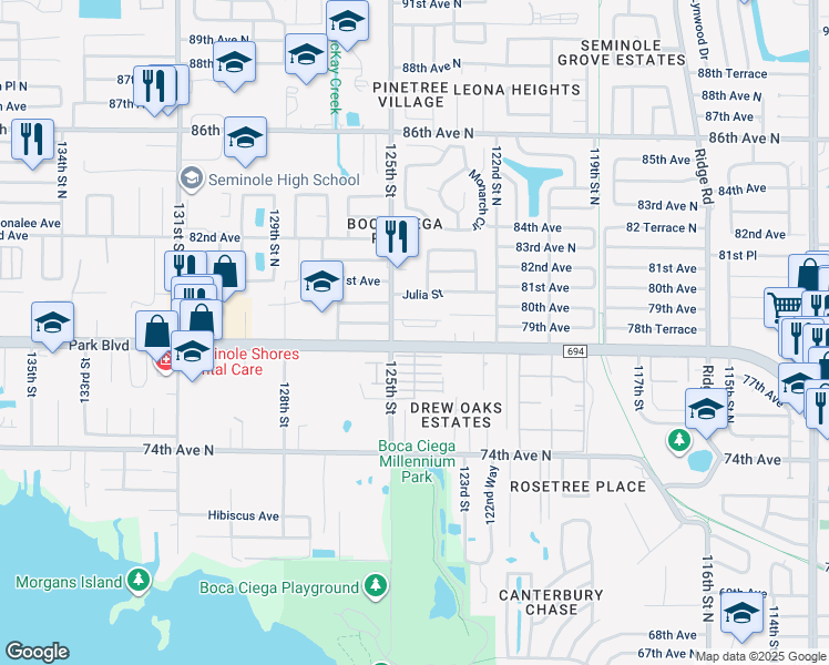 map of restaurants, bars, coffee shops, grocery stores, and more near 12401 Rose Street in Seminole