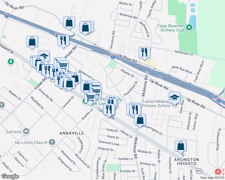 map of restaurants, bars, coffee shops, grocery stores, and more near 3202 Harpers Ferry Street in Corpus Christi