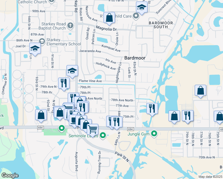map of restaurants, bars, coffee shops, grocery stores, and more near 7968 85th Lane in Seminole