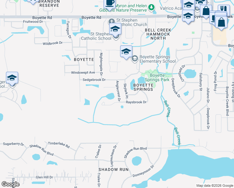 map of restaurants, bars, coffee shops, grocery stores, and more near 10515 Anglecrest Drive in Riverview