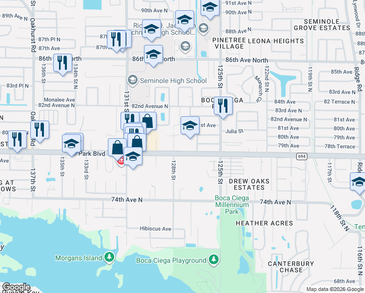 map of restaurants, bars, coffee shops, grocery stores, and more near 12705 Park Boulevard North in Seminole