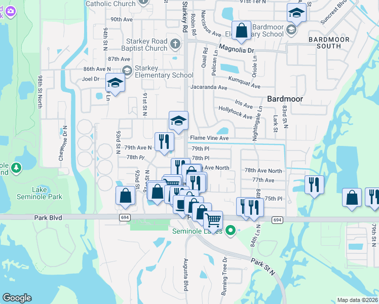 map of restaurants, bars, coffee shops, grocery stores, and more near 7970 Starkey Road in Seminole