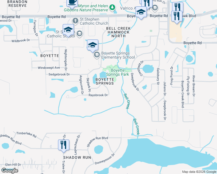 map of restaurants, bars, coffee shops, grocery stores, and more near 12828 Raysbrook Drive in Riverview