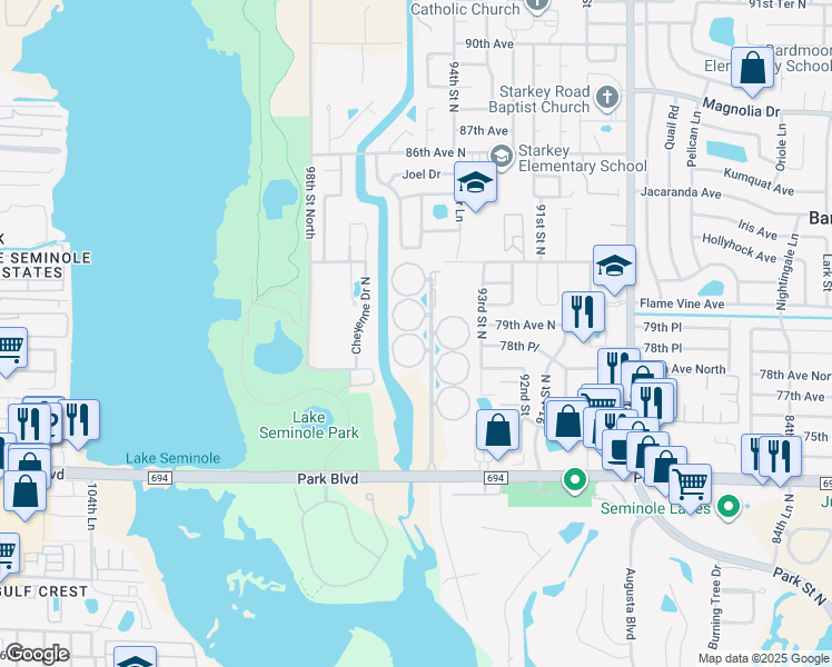 map of restaurants, bars, coffee shops, grocery stores, and more near Garden Drive in Seminole