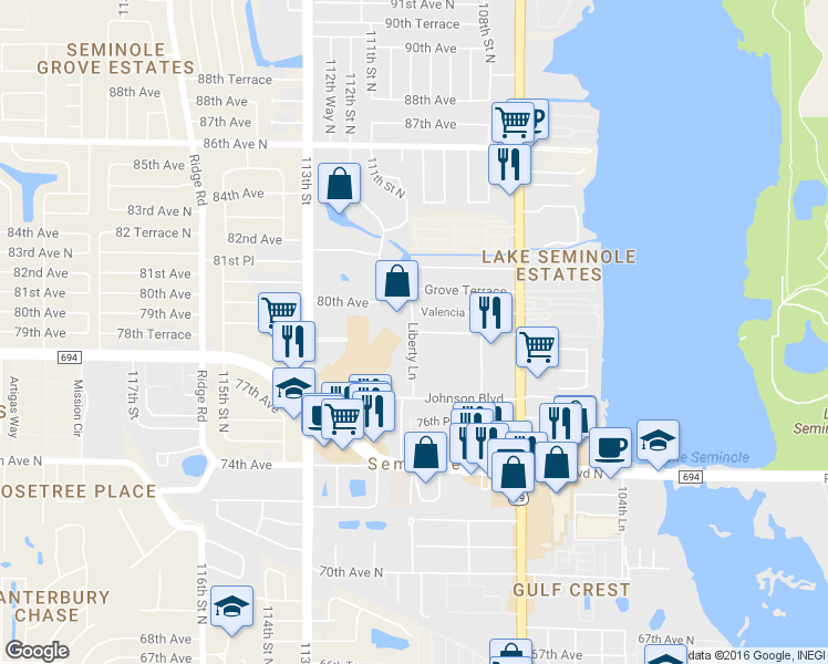map of restaurants, bars, coffee shops, grocery stores, and more near 7898 Liberty Lane in Seminole