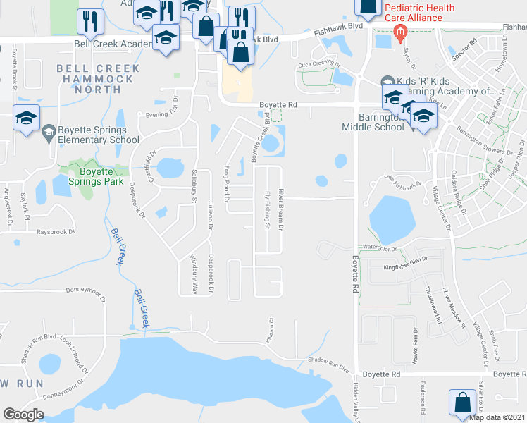 map of restaurants, bars, coffee shops, grocery stores, and more near 10433 Fly Fishing Street in Riverview