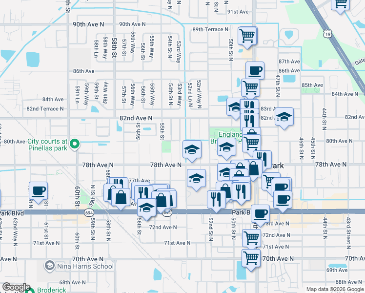 map of restaurants, bars, coffee shops, grocery stores, and more near 7995 53rd Way North in Pinellas Park