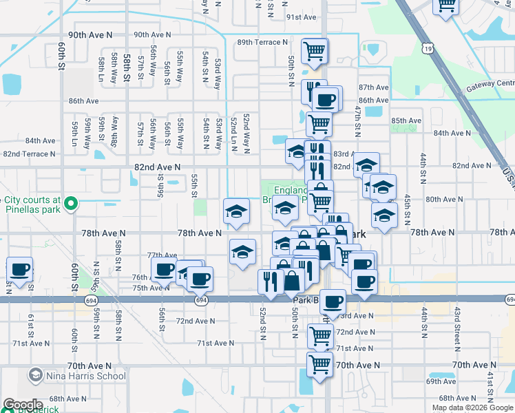 map of restaurants, bars, coffee shops, grocery stores, and more near 7990 52nd Street North in Pinellas Park