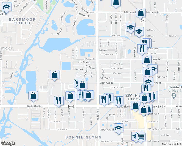 map of restaurants, bars, coffee shops, grocery stores, and more near 7222 80th Avenue in Pinellas Park