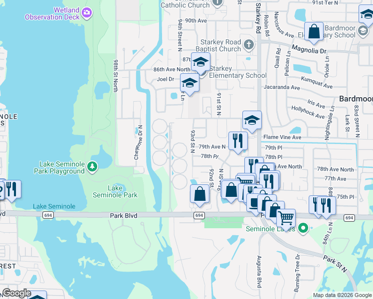 map of restaurants, bars, coffee shops, grocery stores, and more near 7912 93rd Street North in Seminole