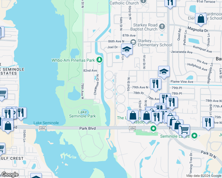 map of restaurants, bars, coffee shops, grocery stores, and more near Garden Drive in Seminole