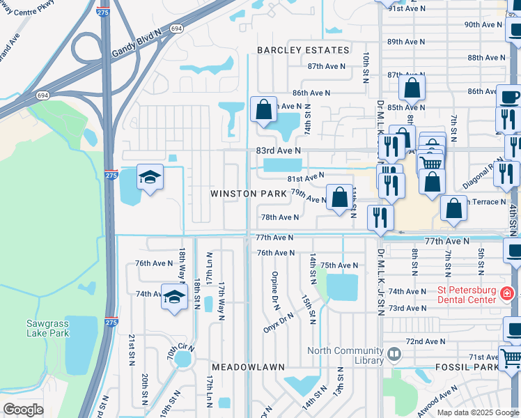 map of restaurants, bars, coffee shops, grocery stores, and more near 1584 78th Terrace North in St. Petersburg