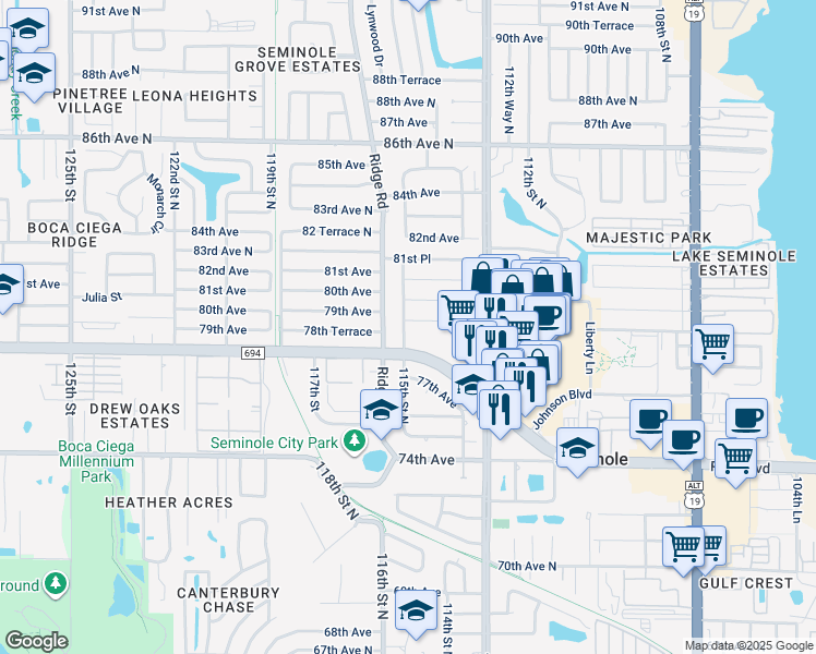 map of restaurants, bars, coffee shops, grocery stores, and more near 7899 115th Street North in Seminole