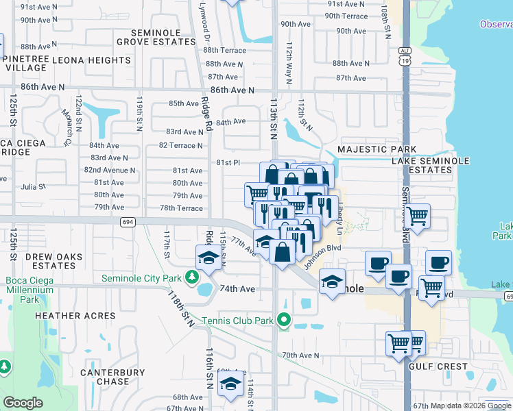 map of restaurants, bars, coffee shops, grocery stores, and more near 11364 79th Avenue in Seminole