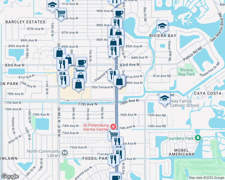 map of restaurants, bars, coffee shops, grocery stores, and more near 420 79th Terrace North in St. Petersburg