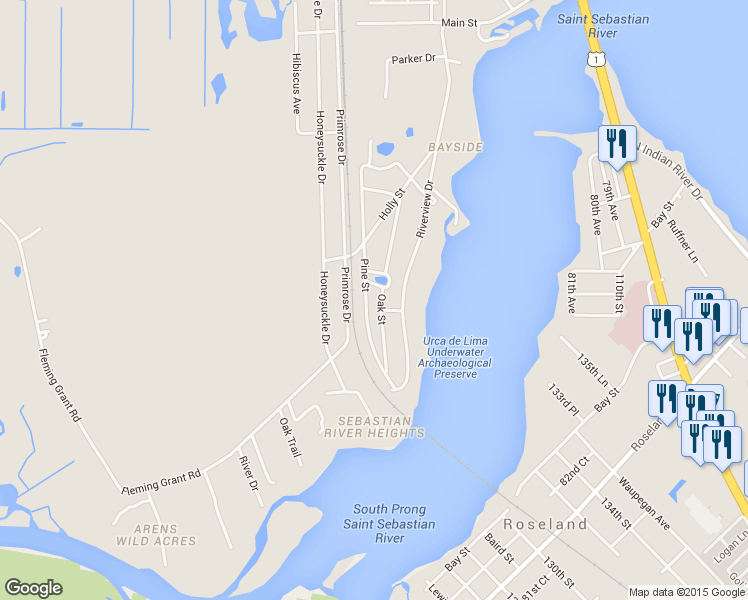 map of restaurants, bars, coffee shops, grocery stores, and more near 9924 Oak Street in Sebastian
