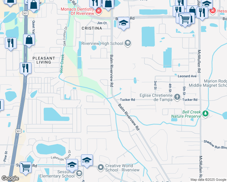 map of restaurants, bars, coffee shops, grocery stores, and more near 10806 Balm Riverview Road in Riverview