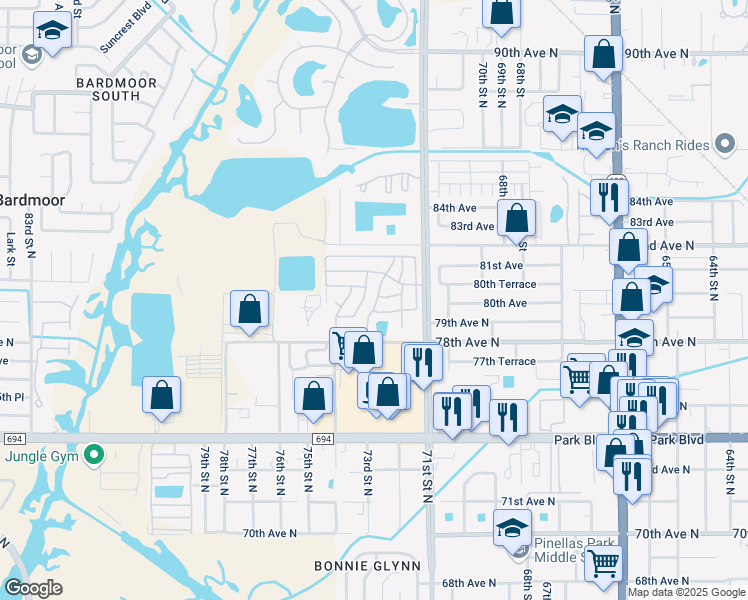 map of restaurants, bars, coffee shops, grocery stores, and more near 7222 80th Avenue in Pinellas Park