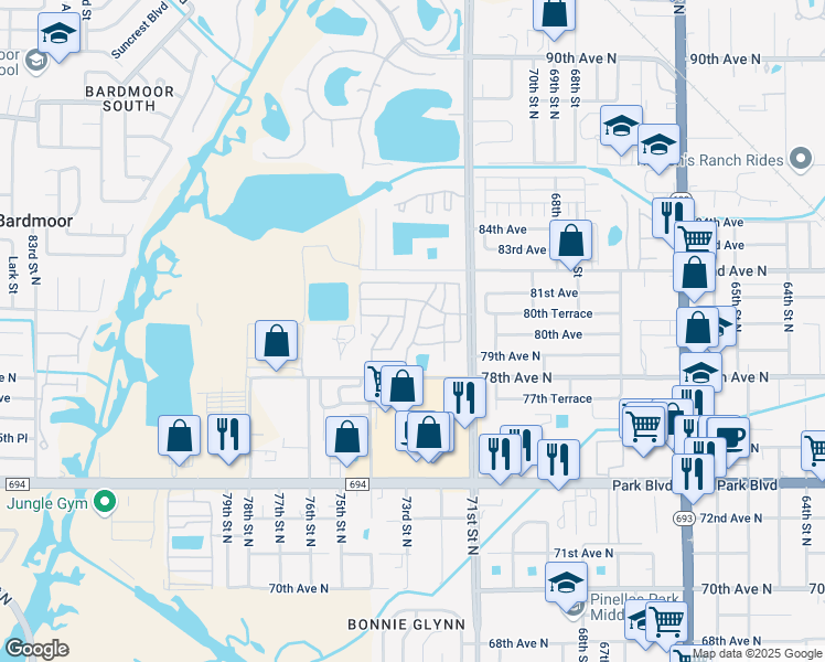 map of restaurants, bars, coffee shops, grocery stores, and more near 7222 80th Avenue in Pinellas Park