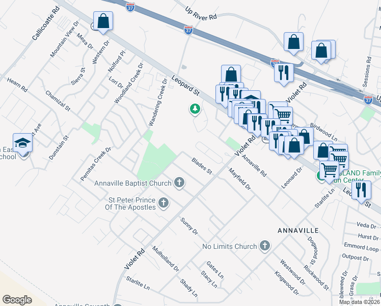map of restaurants, bars, coffee shops, grocery stores, and more near 46 Phillips Circle in Corpus Christi