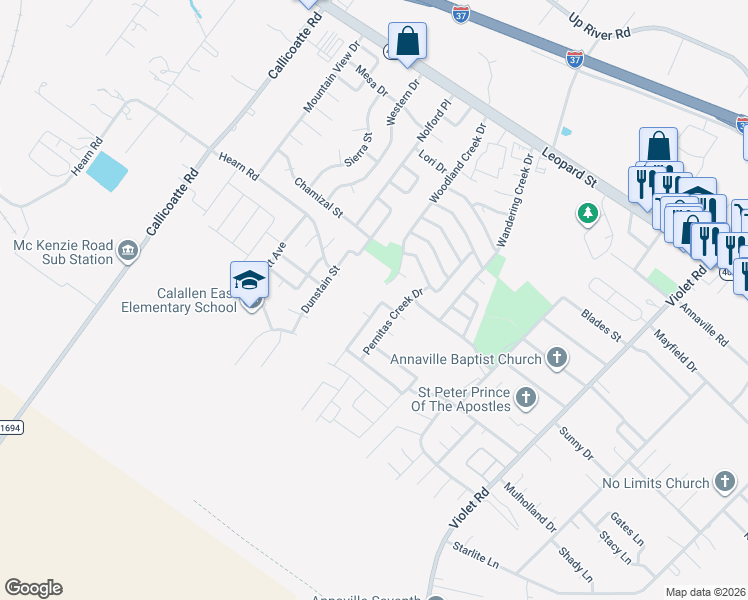 map of restaurants, bars, coffee shops, grocery stores, and more near 11638 Flagstone Creek Drive in Corpus Christi