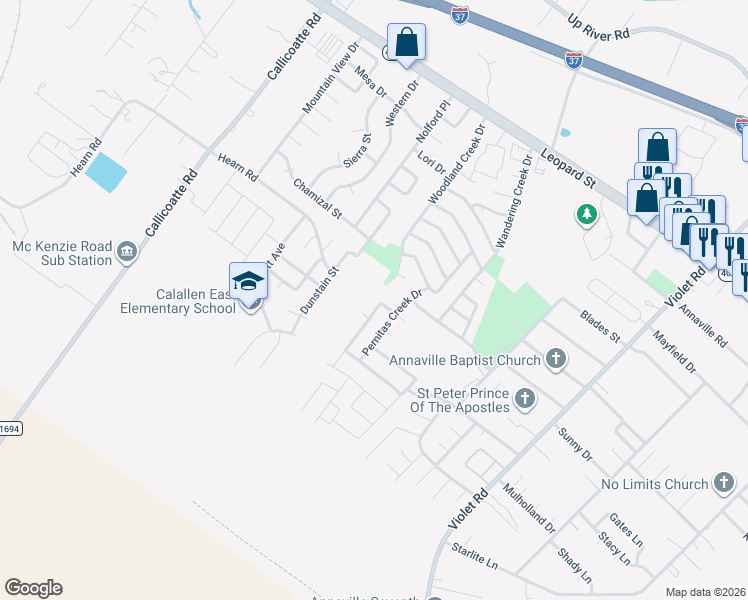 map of restaurants, bars, coffee shops, grocery stores, and more near 11638 Flagstone Creek Drive in Corpus Christi