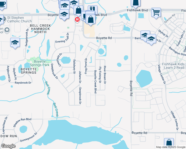 map of restaurants, bars, coffee shops, grocery stores, and more near 10434 Frog Pond Drive in Riverview