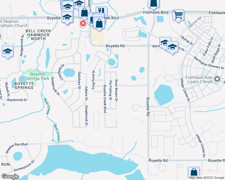 map of restaurants, bars, coffee shops, grocery stores, and more near 10432 Fly Fishing Street in Riverview