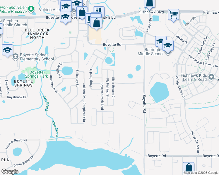map of restaurants, bars, coffee shops, grocery stores, and more near 10432 Fly Fishing Street in Riverview