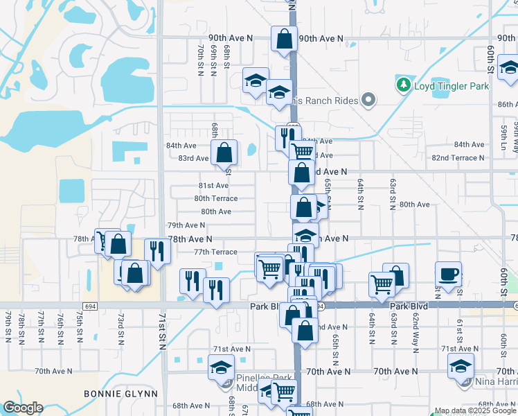 map of restaurants, bars, coffee shops, grocery stores, and more near 8017 67th Street in Pinellas Park