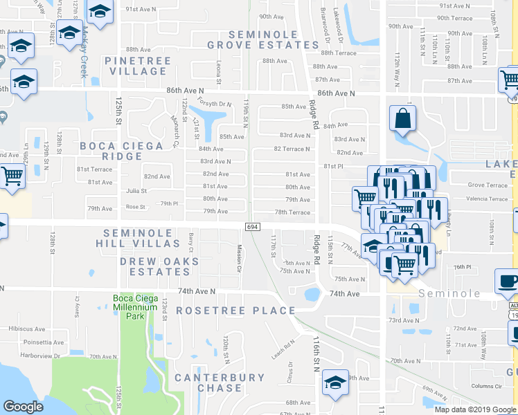 map of restaurants, bars, coffee shops, grocery stores, and more near 11785 78th Terrace in Seminole