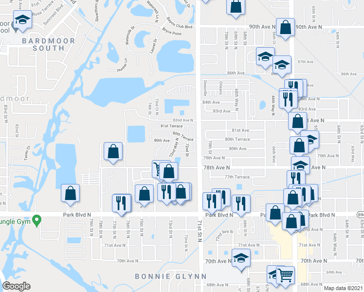 map of restaurants, bars, coffee shops, grocery stores, and more near 7222 80th Avenue in Pinellas Park