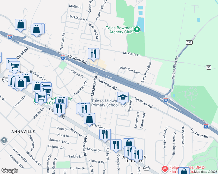 map of restaurants, bars, coffee shops, grocery stores, and more near 3341 Wood Creek Drive in Corpus Christi