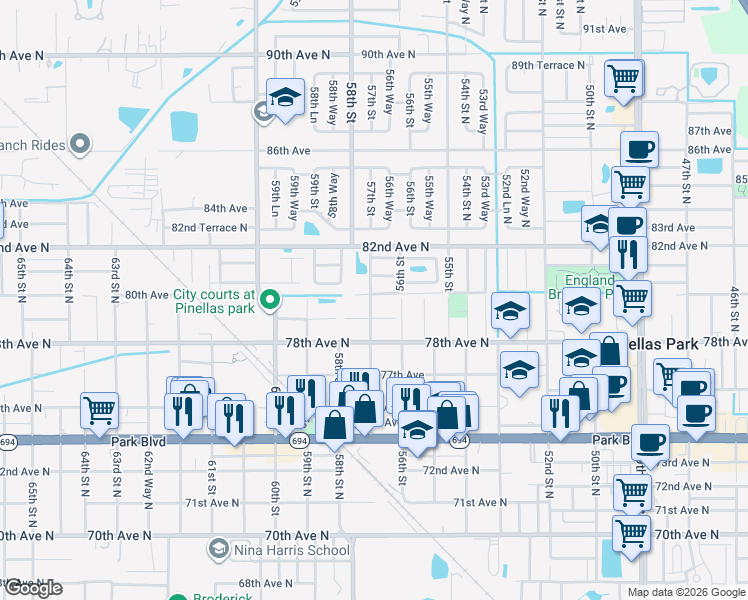 map of restaurants, bars, coffee shops, grocery stores, and more near 5690 80th Avenue in Pinellas Park