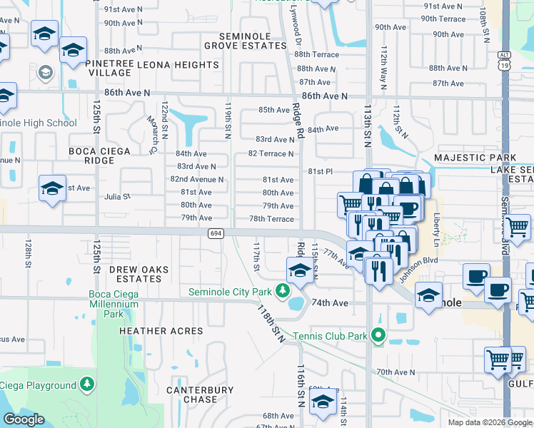 map of restaurants, bars, coffee shops, grocery stores, and more near 11711 78th Terrace in Seminole