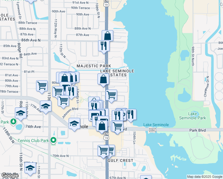 map of restaurants, bars, coffee shops, grocery stores, and more near 7901 Seminole Boulevard in Seminole